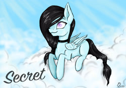 Size: 3271x2282 | Tagged: safe, artist:cvanilda, oc, oc only, oc:sky secret, pegasus, pony, choker, cloud, female, high res, lying down, mare, on a cloud, pegasus oc, prone, signature, smiling, solo, wings