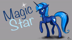 Size: 4458x2480 | Tagged: safe, artist:cvanilda, oc, oc only, oc:magic star, pony, unicorn, gray background, horn, raised hoof, signature, simple background, smiling, solo, unicorn oc