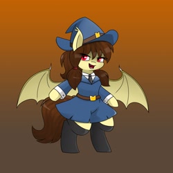 Size: 2048x2045 | Tagged: safe, artist:pencil bolt, oc, oc only, oc:noctalia, bat pony, pony, bat pony oc, bat wings, clothes, costume, fangs, hat, high res, looking at you, nightmare night, nightmare night costume, simple background, socks, solo, wings, witch costume, witch hat