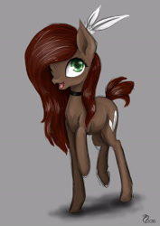 Size: 2480x3508 | Tagged: safe, artist:cvanilda, oc, oc only, earth pony, pony, choker, earth pony oc, gray background, high res, open mouth, raised hoof, signature, simple background, smiling, solo