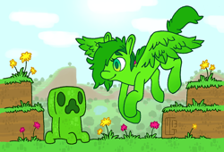 Size: 1068x726 | Tagged: safe, artist:ferwildir, pegasus, pony, creeper, duo, flying, minecraft, ponified, smiling