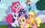 Size: 7238x4524 | Tagged: artist needed, safe, applejack, fluttershy, pinkie pie, rainbow dash, rarity, twilight sparkle, earth pony, pegasus, pony, unicorn, g4, official, season 1, absurd resolution, applejack's hat, cowboy hat, cutie mark, female, group photo, group shot, hat, looking at you, lying down, mane six, mane six opening poses, mare, one eye closed, open mouth, palindrome get, prone, raised hoof, spread wings, stetson, tree, unicorn twilight, wallpaper, wings, wink