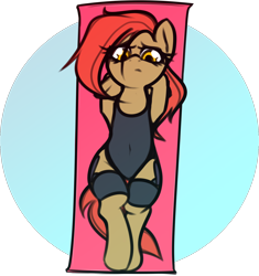 Size: 1442x1537 | Tagged: safe, artist:jetwave, oc, oc only, oc:dala vault, earth pony, pony, belly button, clothes, earth pony oc, female, frown, leotard, lying down, mare, on back, simple background, solo, thigh bands, thigh gap, transparent background, yoga mat