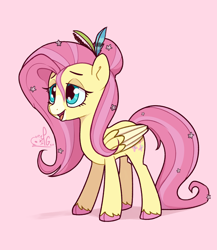 Size: 2000x2300 | Tagged: safe, artist:lilpinkghost, fluttershy, pegasus, pony, g4, alternate hairstyle, cloven hooves, coat markings, colored hooves, cute, design, facial markings, female, flower, flower in hair, folded wings, hair accessory, hair bun, high res, lidded eyes, mare, open mouth, pink background, shyabetes, simple background, smiling, snip (coat marking), solo, standing, stray strand, three quarter view, two toned wings, unshorn fetlocks, wings