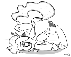 Size: 1500x1200 | Tagged: safe, artist:php199, princess luna, alicorn, pony, g4, bored, face down ass up, female, grumpy, monochrome, sketch, solo