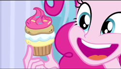 Size: 600x340 | Tagged: safe, screencap, pinkie pie, equestria girls, g4, my little pony equestria girls: better together, super squad goals, close-up, cropped, cupcake, food, open mouth, puffcake