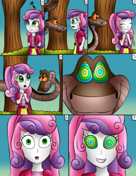 Size: 1721x2232 | Tagged: safe, artist:jerrydestrtoyer, sweetie belle, snake, equestria girls, g4, clothes, comic, crossover, eyes closed, female, grin, hypnosis, kaa, kaa eyes, mind control, open mouth, outdoors, smiling, the jungle book, tree