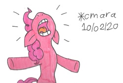 Size: 981x667 | Tagged: safe, artist:cmara, pinkie pie, earth pony, pony, g4, angry, bipedal, female, mare, open mouth, raised hoof, simple background, solo, traditional art, white background, yelling