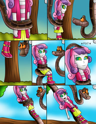 Size: 1677x2169 | Tagged: safe, artist:jerrydestrtoyer, sweetie belle, snake, equestria girls, g4, boots, clothes, coils, comic, crossover, female, hypnosis, kaa, kaa eyes, mind control, open mouth, outdoors, shoes, suspended, the jungle book, tree, wrapped up