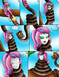Size: 1729x2232 | Tagged: safe, artist:jerrydestrtoyer, sweetie belle, snake, equestria girls, g4, clothes, coils, comic, crossover, female, hypnosis, kaa, kaa eyes, mind control, onomatopoeia, open mouth, outdoors, sleeping, sound effects, the jungle book, tree, wrapped up, zzz