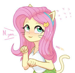 Size: 2600x2531 | Tagged: safe, artist:maren, fluttershy, human, equestria girls, g4, blushing, cat ears, cat tail, catgirl, cute, fluttercat, hairclip, headband, high res, nya, shyabetes, simple background, solo, sweat, sweatdrops, white background