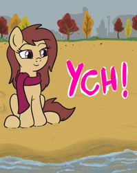 Size: 1536x1928 | Tagged: safe, artist:lannielona, pony, advertisement, autumn, beach, clothes, commission, female, house, lamppost, leaf, mare, ocean, sand, scarf, sitting, solo, tree, your character here