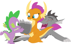 Size: 3546x2180 | Tagged: safe, artist:porygon2z, smolder, spike, oc, oc:draco axel, dragon, g4, butt, dragoness, duo, duo male, eyes closed, female, high res, laughing, male, open mouth, simple background, tickling, transparent background, trio, vector, wingless