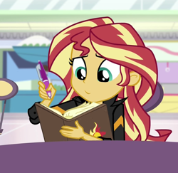 Size: 1034x1004 | Tagged: safe, edit, edited screencap, editor:mycarhasamoustache, screencap, sunset shimmer, equestria girls, equestria girls specials, g4, my little pony equestria girls: mirror magic, book, cropped, solo