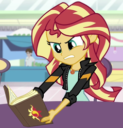 Size: 1022x1070 | Tagged: safe, screencap, sunset shimmer, equestria girls, equestria girls specials, g4, my little pony equestria girls: mirror magic, angry, book, cropped, frustrated, solo, stressed