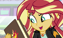 Size: 1762x1068 | Tagged: safe, edit, edited screencap, editor:mycarhasamoustache, screencap, sunset shimmer, equestria girls, equestria girls specials, g4, my little pony equestria girls: mirror magic, book, cropped, solo