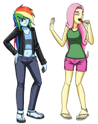 Size: 2832x3600 | Tagged: safe, artist:artemis-polara, angel bunny, fluttershy, rainbow dash, comic:magic lolly, equestria girls, g4, 5 toes, anklet, barefoot, belly button, candy, cellphone, clothes, commission, denim, duo, feet, female, five toes, flip-flops, food, hand on hip, high res, intersex, jacket, jean, jean pants, jeans, lollipop, long pants, midriff, open mouth, panting, pants, phone, sandals, shirt, short shirt, shorts, simple background, tank top, toe ring, toes, transparent background, uvula