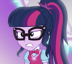 Size: 1206x1074 | Tagged: safe, screencap, sci-twi, twilight sparkle, equestria girls, equestria girls specials, g4, my little pony equestria girls: mirror magic, cropped, distressed, geode of telekinesis, glowing geodes, limbo, magical geodes, mirror world, solo, stressed, worried