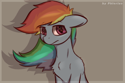 Size: 3000x2000 | Tagged: safe, artist:phlerius, rainbow dash, earth pony, pony, g4, chest fluff, digital art, floppy ears, flowing mane, frame, high res, looking at you, shoulder fluff, signature, solo