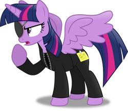 Size: 4165x3633 | Tagged: safe, artist:anime-equestria, twilight sparkle, alicorn, pony, g4, annoyed, clothes, disguise, eyepatch, eyepatch (disguise), female, horn, jacket, mare, simple background, solo, sticky note, transparent background, twilight sparkle (alicorn), vector, wings