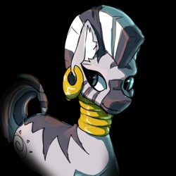 Size: 1280x1280 | Tagged: safe, artist:...macabre..., zecora, earth pony, pony, zebra, g4, black background, colored sketch, ear fluff, ear piercing, earring, female, jewelry, mare, neck rings, piercing, rendered sketch, simple background, sketch, solo