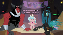 Size: 1024x576 | Tagged: safe, edit, edited screencap, screencap, cozy glow, lord tirek, queen chrysalis, centaur, changeling, pegasus, pony, frenemies (episode), g4, season 9, antagonist, arms, banner, beard, bow, caption, chair, changeling wings, chestplate, claws, crown, curly mane, cute, evil lair, facial hair, female, filly, funny, grogar's lair, hand, holes, hooves, horn, horns, image macro, implied wedding, jewelry, joke, lair, legion of doom, log, male, marriage, muscles, nose piercing, nose ring, open mouth, piercing, regalia, septum piercing, ship:chrysirek, shipper on deck, shipping, small wings, straight, table, text, transparent wings, wedding, wings, wristband