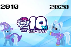 Size: 1280x852 | Tagged: safe, artist:mega-poneo, gameloft, trixie, pony, unicorn, mlp fim's tenth anniversary, g4, alternate hairstyle, babysitter trixie, cape, clothes, duality, female, gameloft interpretation, happy birthday mlp:fim, hat, hoodie, logo, mare, trixie's cape, trixie's hat