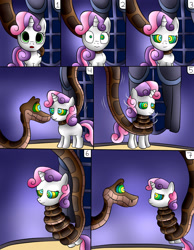 Size: 1836x2370 | Tagged: safe, artist:jerrydestrtoyer, sweetie belle, pony, snake, unicorn, g4, coils, comic, crossover, female, filly, kaa eyes, kaa hypnotism paraphilia, male, mind control, suspended, the jungle book, wrapped up