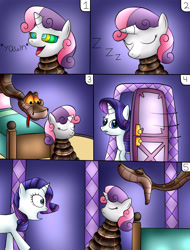 Size: 1752x2304 | Tagged: safe, artist:jerrydestrtoyer, rarity, sweetie belle, pony, snake, unicorn, g4, coils, comic, crossover, female, filly, imminent vore, implied vore, kaa eyes, kaa hypnotism paraphilia, male, mare, mind control, onomatopoeia, open mouth, sleeping, sound effects, the jungle book, wrapped up, yawn, zzz