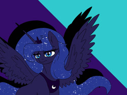 Size: 900x675 | Tagged: safe, artist:slamjam, princess luna, alicorn, pony, g4, abstract background, ethereal mane, female, galaxy mane, looking at you, mare, shadow, solo, spread wings, wings