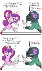 Size: 1280x2176 | Tagged: safe, artist:rocket-lawnchair, princess cadance, queen chrysalis, alicorn, changeling, changeling queen, pony, g4, alternate hairstyle, clothes, comic, eyes closed, female, frown, glare, grin, headphones, implied shining armor, lidded eyes, looking up, mare, microphone, open mouth, podcast, queen chrysalis is not amused, smiling, sweater, unamused