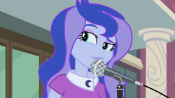 Size: 1920x1080 | Tagged: safe, screencap, princess luna, vice principal luna, equestria girls, friendship games bloopers, g4, my little pony equestria girls: friendship games, animated actors, cute, lunabetes, microphone, solo