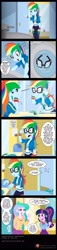 Size: 900x3980 | Tagged: safe, artist:niban-destikim, princess celestia, principal celestia, rainbow dash, sci-twi, twilight sparkle, equestria girls, g4, bathroom, bathroom stall, brooch, canterlot high, comic, comic strip, commission, cutie mark accessory, cutie mark brooch, d'oh, delighted, dialogue, epilogue in the description, funny, glasses, grin, gross, henry kissinger, implied pooping, jewelry, mirror, moments before disaster, nervous, nervous smile, pythagorean theorem, simpsons did it, smiling, speech bubble, toilet