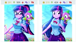 Size: 955x534 | Tagged: safe, alternate version, artist:the-butch-x, sci-twi, spike, spike the regular dog, twilight sparkle, dog, derpibooru, equestria girls, g4, my little pony equestria girls: better together, backpack, canterlot high, clothes, cute, geode of telekinesis, glasses, juxtaposition, magical geodes, meta, redraw, rework, signature, skirt, spikabetes, twiabetes