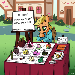 Size: 3150x3150 | Tagged: safe, artist:docwario, applejack, earth pony, pony, g4, apple, element of honesty, food, freckles, hat, high res, jacktober, looking up, open mouth, sitting, traditional art, zap apple