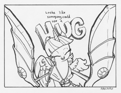 Size: 1565x1200 | Tagged: safe, artist:abronyaccount, twilight sparkle, alicorn, pony, g4, armor, black and white, eyes closed, female, grayscale, guardians of harmony, head tilt, incoming hug, ink, ink drawing, inktober, inktober 2020, mare, monochrome, open mouth, power armor, smiling, solo, spear, spread wings, toy, toyetic, traditional art, twilight sparkle (alicorn), weapon, wings