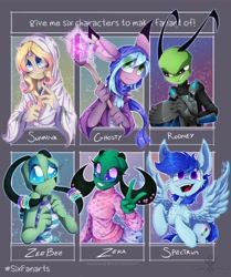 Size: 3350x4000 | Tagged: safe, artist:maliforger894, oc, oc only, alien, human, pegasus, pony, :d, bust, clothes, crossover, female, invader zim, open mouth, peace sign, pegasus oc, six fanarts, smiling, staff, wings