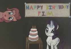 Size: 3858x2665 | Tagged: safe, artist:magicnova, derpibooru exclusive, pinkie pie, rarity, earth pony, pony, unicorn, mlp fim's tenth anniversary, g4, birthday cake, cake, food, happy birthday mlp:fim, high res, in which pinkie pie forgets how to gravity, magic, magic aura, pinkie being pinkie, pinkie physics, traditional art