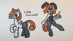 Size: 1024x576 | Tagged: safe, artist:dice-warwick, oc, oc only, oc:citole, pony, fallout equestria, fallout equestria: dance of the orthrus, alcohol, bunny ears, bunny suit, clothes, cyber legs, fanfic art, horn, mirage pony, robotic legs, small horn, small wings, solo, stripes, wings