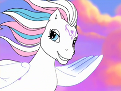 Size: 720x540 | Tagged: safe, screencap, star catcher, pegasus, pony, dancing in the clouds, g3, female, flying, lidded eyes, looking at you, mare, smiling, solo, windswept mane