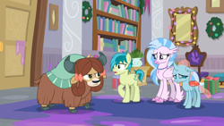 Size: 1366x768 | Tagged: safe, screencap, ocellus, sandbar, silverstream, yona, changedling, changeling, classical hippogriff, earth pony, hippogriff, pony, yak, g4, the hearth's warming club, bow, cloven hooves, colored hooves, female, hair bow, jewelry, male, monkey swings, necklace, teenager