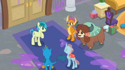 Size: 1366x768 | Tagged: safe, screencap, gallus, ocellus, sandbar, smolder, yona, changedling, changeling, dragon, earth pony, griffon, pony, yak, g4, the hearth's warming club, bow, butt, cloven hooves, dragoness, female, hair bow, male, monkey swings, plot, teenager