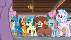 Size: 1366x768 | Tagged: safe, screencap, gallus, ocellus, sandbar, silverstream, smolder, twilight sparkle, yona, alicorn, changedling, changeling, classical hippogriff, dragon, earth pony, griffon, hippogriff, pony, yak, g4, the hearth's warming club, bow, cloven hooves, colored hooves, dragoness, female, hair bow, jewelry, male, monkey swings, necklace, teenager