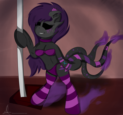 Size: 3100x2899 | Tagged: safe, artist:almaustral, oc, oc only, oc:despair, earth pony, anthro, unguligrade anthro, arm hooves, black sclera, bra, clothes, earth pony oc, female, high res, socks, solo, striped socks, stripper pole, underwear