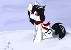 Size: 3100x2200 | Tagged: safe, artist:almaustral, oc, oc only, oc:lighting wind, pegasus, pony, clothes, high res, pegasus oc, scarf, signature, sitting, smiling, snow, solo, wings