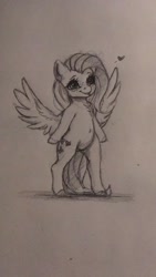 Size: 1152x2048 | Tagged: safe, artist:miokomata, fluttershy, pegasus, pony, semi-anthro, g4, arm hooves, bipedal, chest fluff, cute, female, freckles, freckleshy, heart, mare, monochrome, pencil drawing, shyabetes, sketch, solo, traditional art