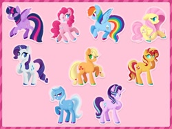 Size: 794x596 | Tagged: safe, artist:fannytastical, applejack, fluttershy, pinkie pie, rainbow dash, rarity, starlight glimmer, sunset shimmer, trixie, twilight sparkle, alicorn, pony, g4, colored hooves, mane six, pink background, simple background, twilight sparkle (alicorn)