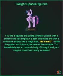 Size: 505x605 | Tagged: safe, artist:dipfanken, twilight sparkle, pony, fallout equestria, game: fallout equestria: remains, g4, figurine, game, game screencap, ministry mares statuette, solo, text