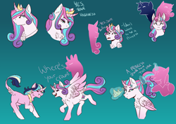 Size: 2912x2059 | Tagged: safe, artist:lunacat2001, princess cadance, princess flurry heart, shining armor, oc, oc:star constellation, alicorn, pony, g4, bust, cousins, crown, filly, filly flurry heart, gradient background, high res, jewelry, magical lesbian spawn, offspring, older, older flurry heart, parent:starlight glimmer, parent:twilight sparkle, parents:twistarlight, ponytail, regalia, silhouette