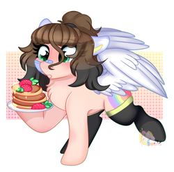 Size: 2316x2288 | Tagged: safe, artist:2pandita, oc, oc only, pegasus, pony, clothes, colored wings, female, food, high res, mare, pancakes, socks, solo, strawberry, wings